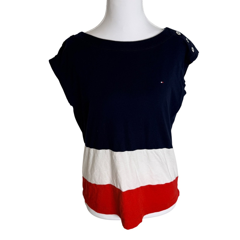 Tommy‎ Hilfiger Colorblock Top Womens M Navy White Red Nautical Shoulder Button